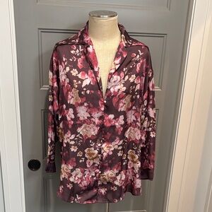 Free People Floral Satin Button-Up in Burgundy and Pink
